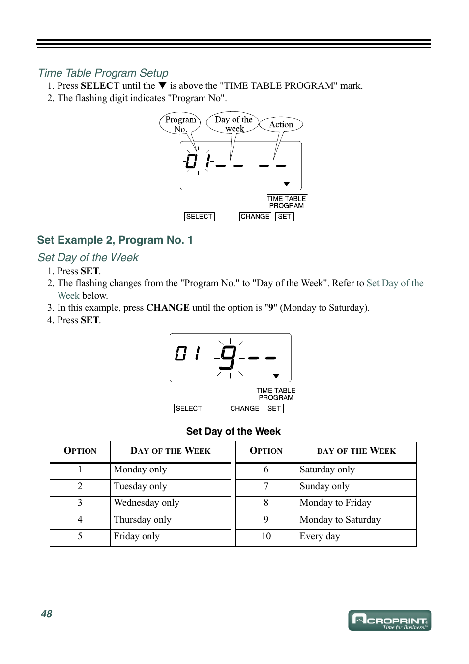 Time table program setup, Set example 2, program no. 1, Set day of the week | Acroprint ES900 Electronic Time Recorder User Manual | Page 54 / 80