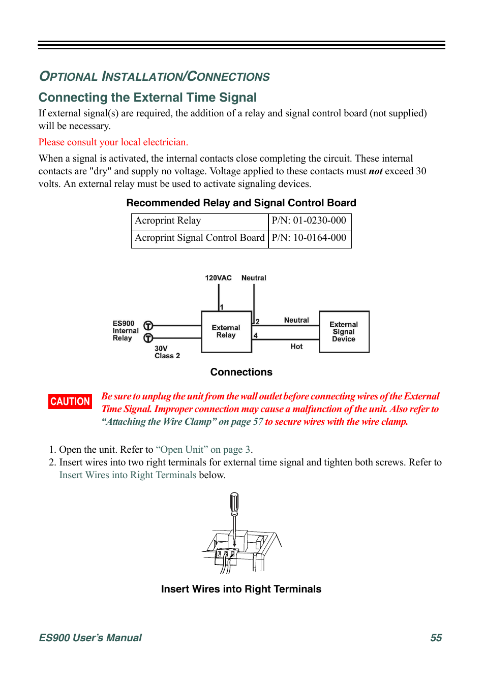 Optional installation/connections, Connecting the external time signal | Acroprint ES900 Electronic Time Recorder User Manual | Page 61 / 80