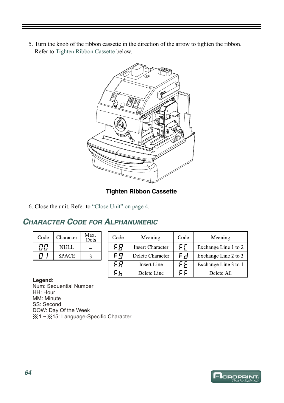 Character code for alphanumeric, Character code for, Refer to | Acroprint ES900 Electronic Time Recorder User Manual | Page 70 / 80