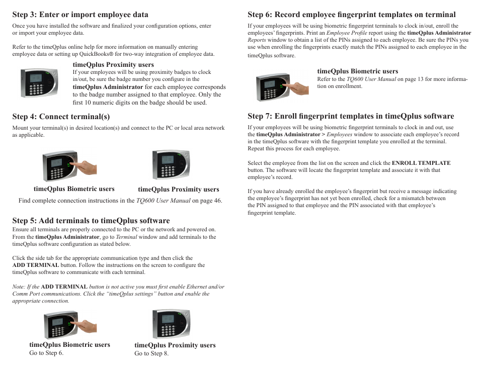 Step 3: enter or import employee data, Step 4: connect terminal(s), Step 5: add terminals to timeqplus software | Acroprint timeQplus (software version 3.x) User Manual | Page 2 / 4