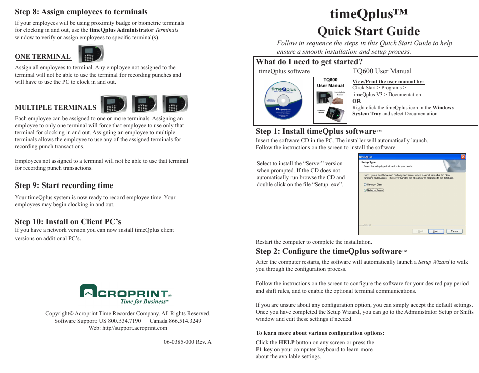 Timeqplus, Quick start guide, What do i need to get started | Step 1: install timeqplus software, Step 2: configure the timeqplus software, Step 8: assign employees to terminals, Step 9: start recording time, Step 10: install on client pc’s | Acroprint timeQplus (software version 3.x) User Manual | Page 4 / 4