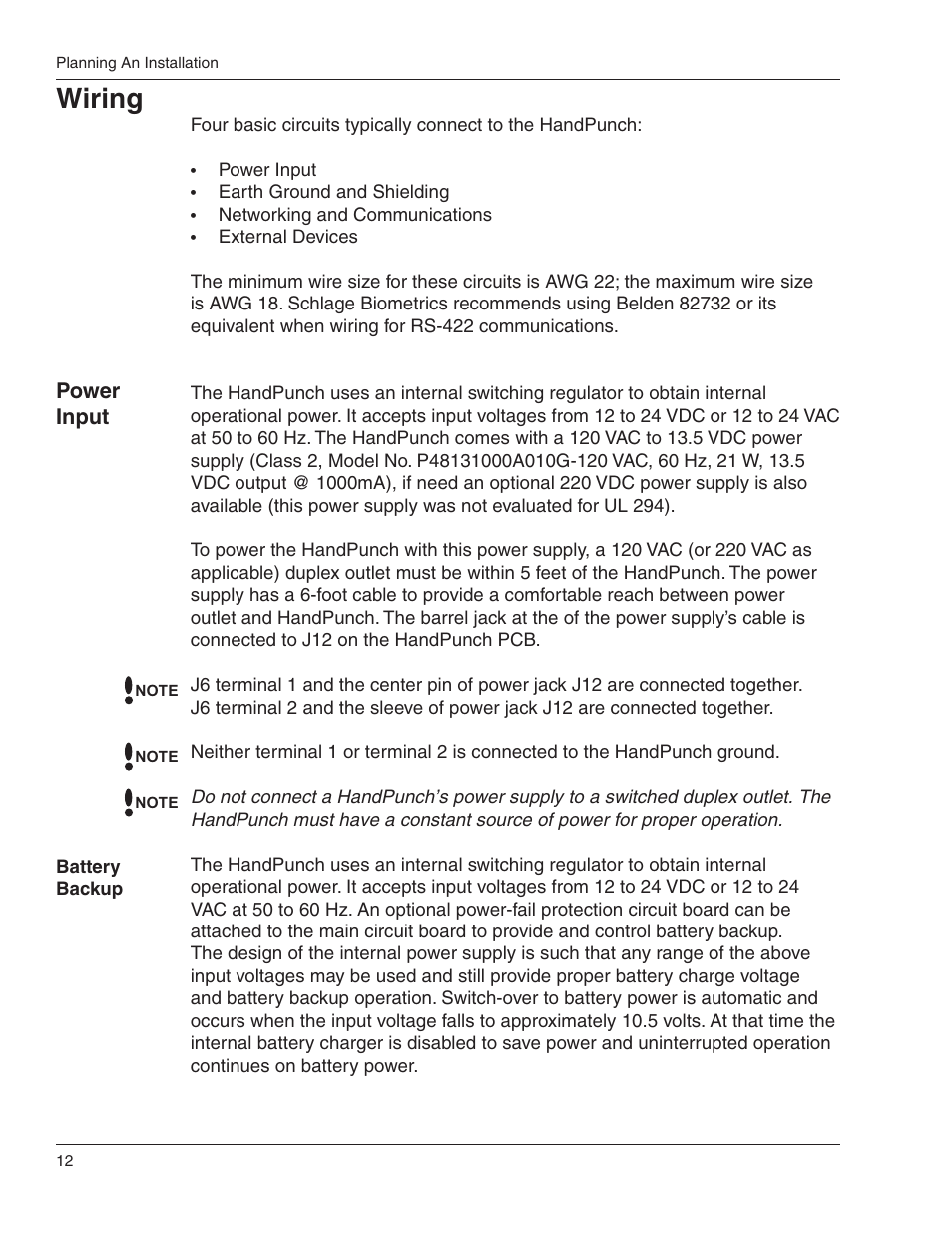 Wiring, Power input | Acroprint HandPunch 4000 User Manual | Page 14 / 101