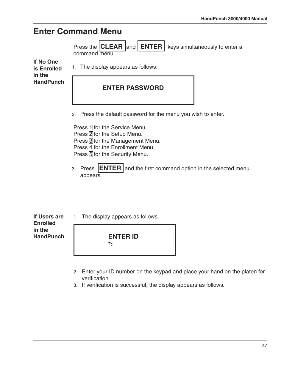 Enter command menu | Acroprint HandPunch 4000 User Manual | Page 49 / 101