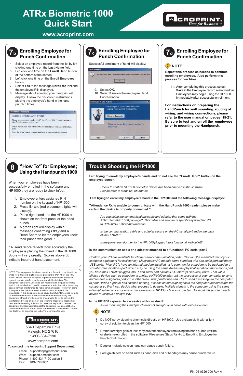 Atrx biometric 1000 quick start, Enrolling employee for punch confirmation, How to” for employees | Trouble shooting the hp1000 | Acroprint ATRx Biometric 1000 User Manual | Page 2 / 2