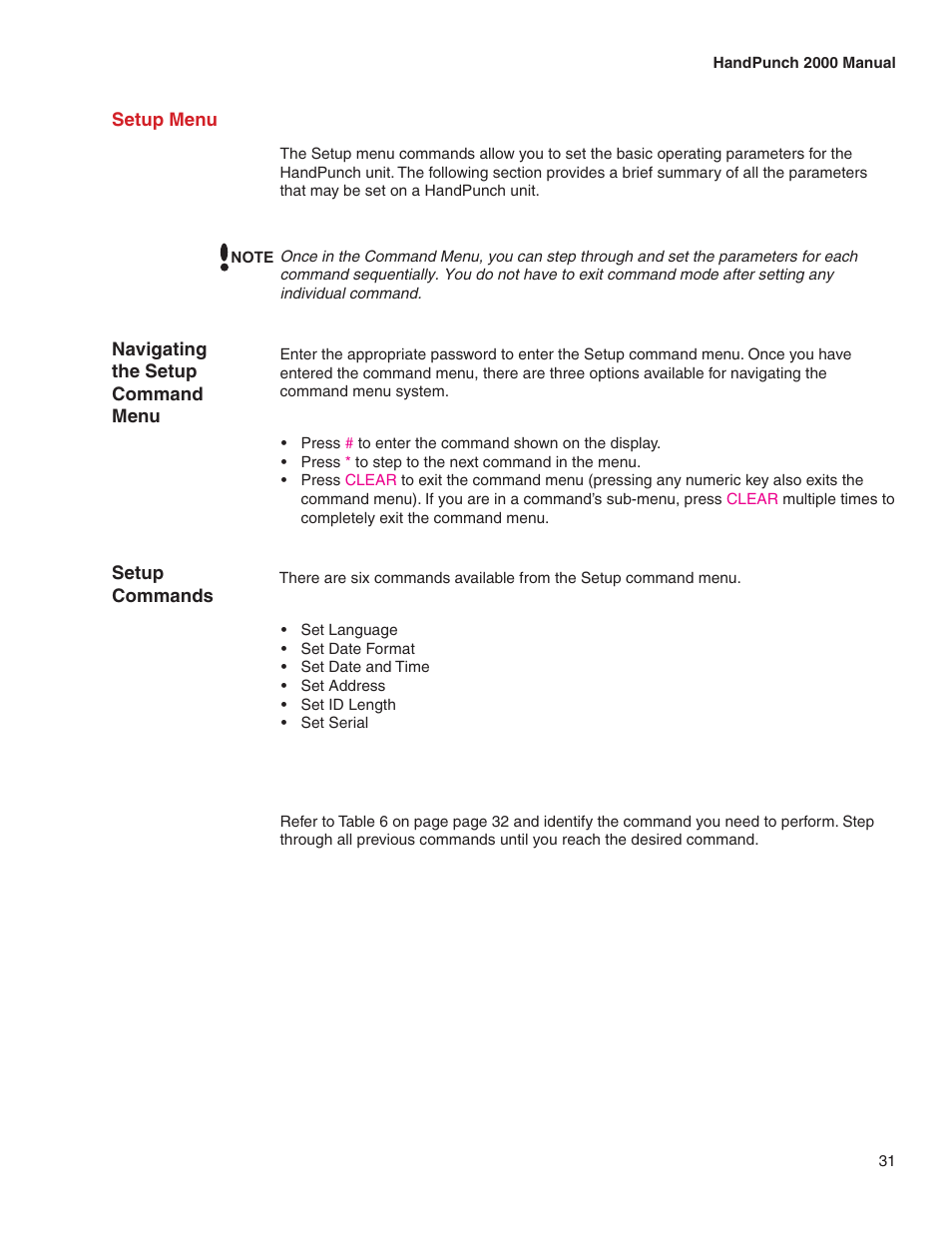 Setup menu | Acroprint HandPunch 2000 User Manual | Page 32 / 62