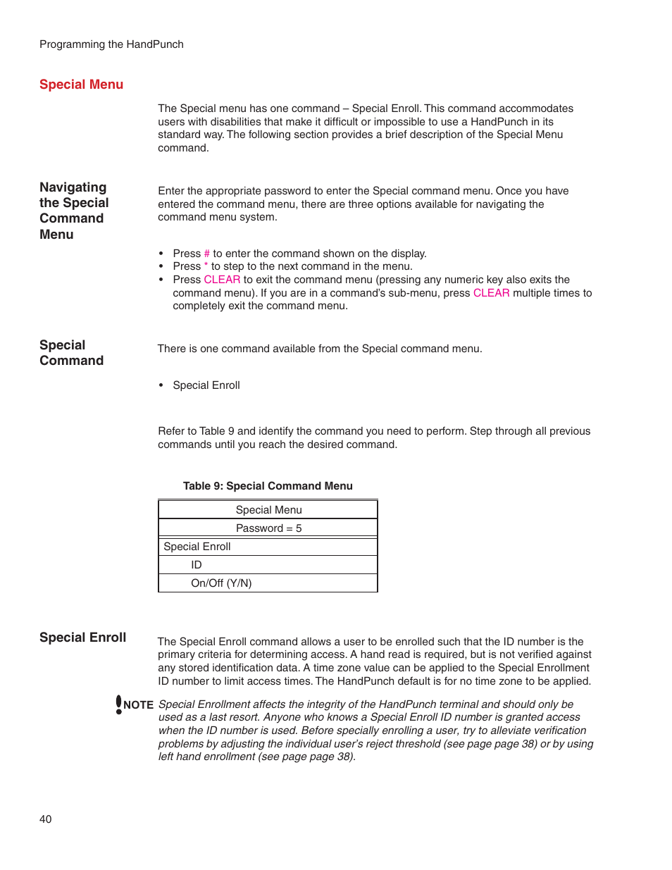 Special menu | Acroprint HandPunch 2000 User Manual | Page 41 / 62