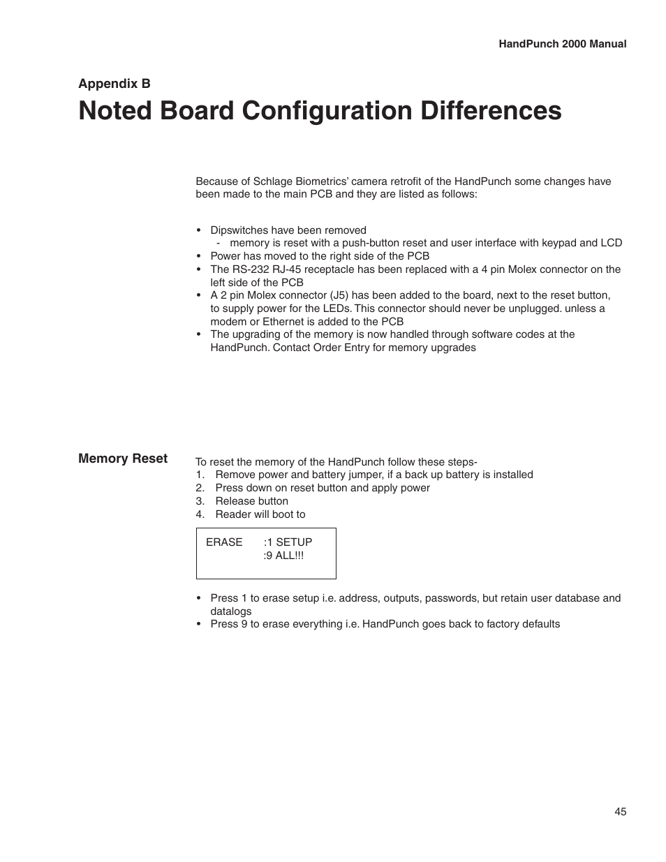 Appendix b, Noted board configuration differences, Appendix b -noted board configuration differences | Acroprint HandPunch 2000 User Manual | Page 46 / 62