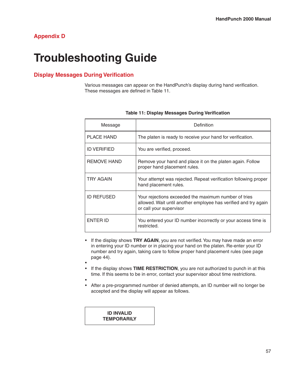 Appendix d, Troubleshooting guide, Appendix d -troubleshooting guide | Acroprint HandPunch 2000 User Manual | Page 58 / 62