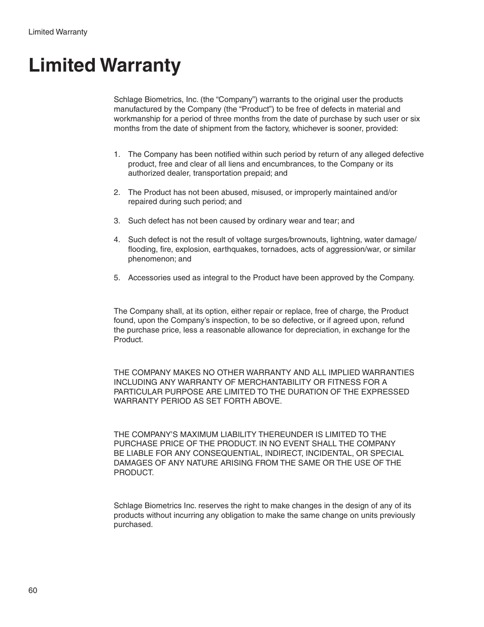 Limited warranty | Acroprint HandPunch 2000 User Manual | Page 61 / 62