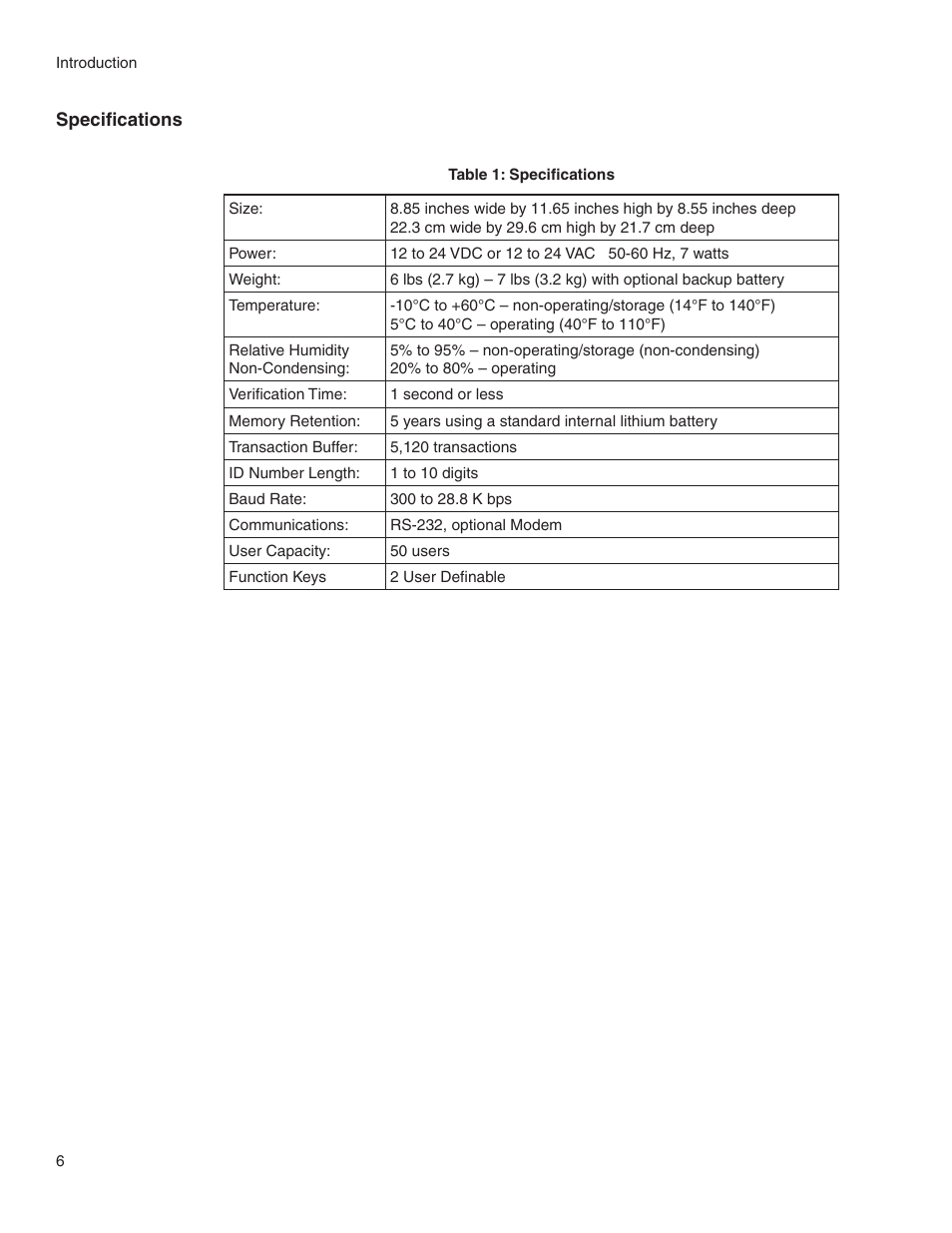 Specifications | Acroprint HandPunch 2000 User Manual | Page 7 / 62