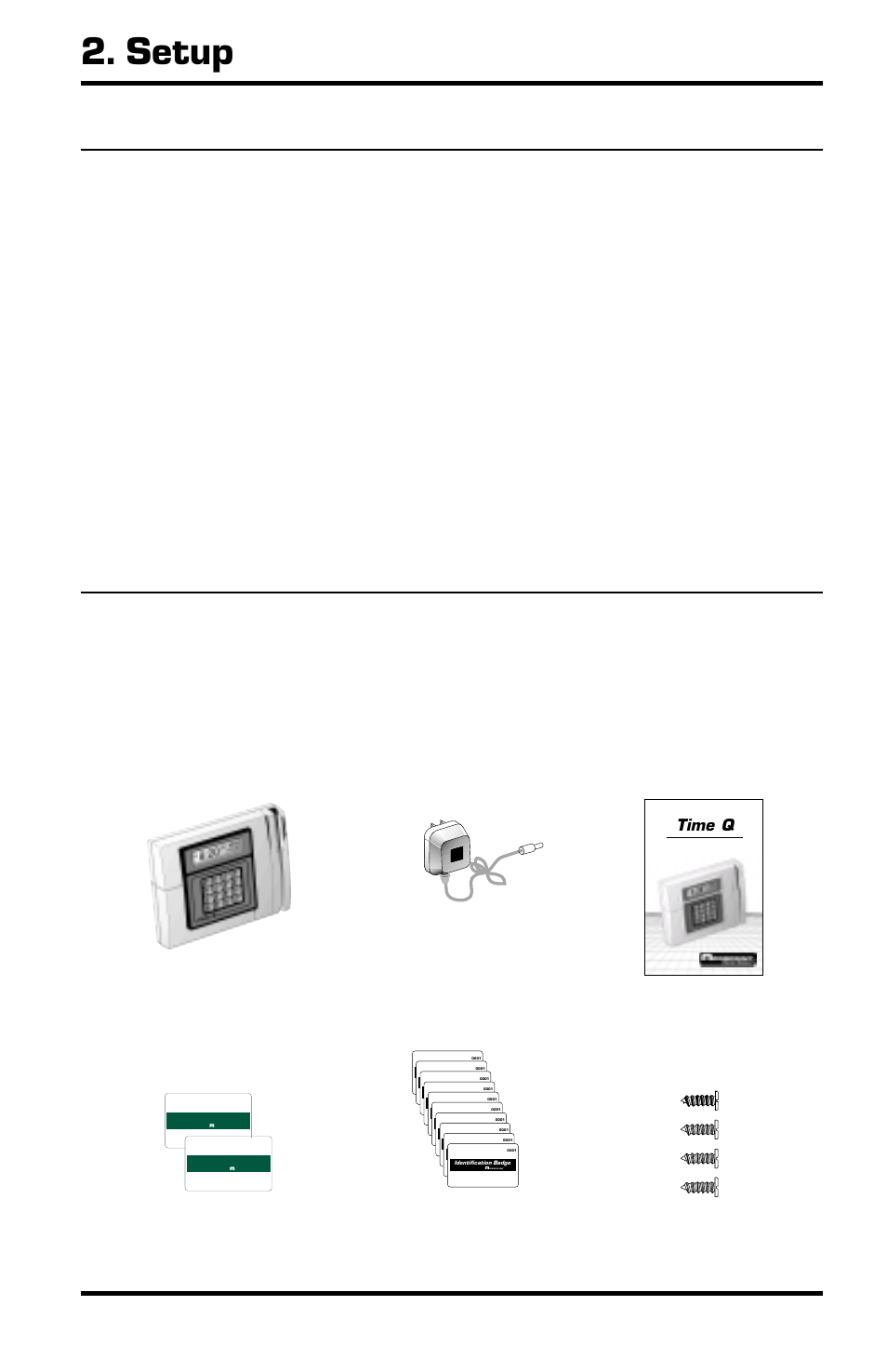 Setup, 1 site requirements, 2 unpacking and inspection | 4 screws, Time q | Acroprint Time Q User Manual | Page 6 / 60