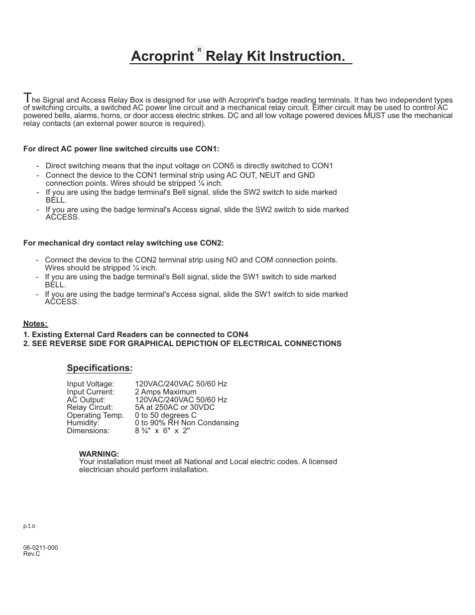 Acroprint Relay Instructions User Manual | 2 pages