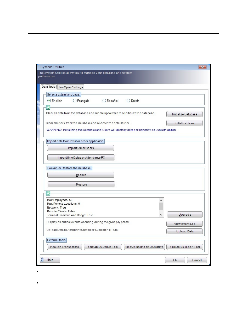 System utilities | Acroprint timeQplus (software version 4.x and above) User Manual | Page 68 / 88