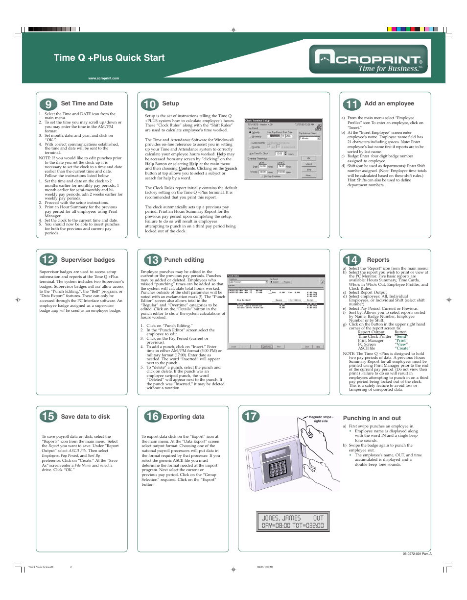 Time q +plus quick start, Clear alpha ente r back spac e | Acroprint Time Q +Plus User Manual | Page 2 / 2