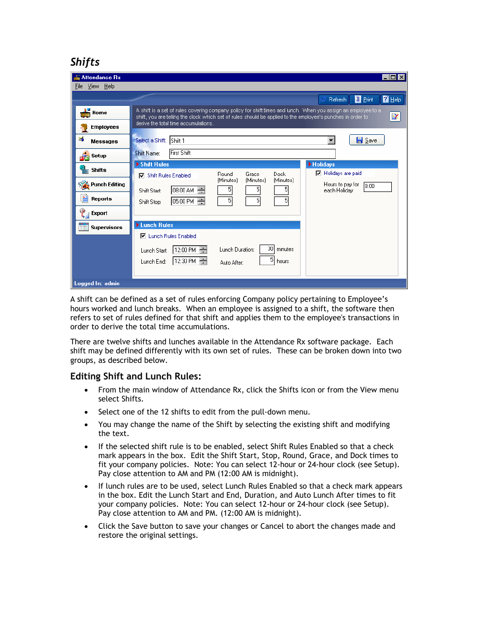 Shifts | Acroprint Attendance Rx User Manual | Page 18 / 60