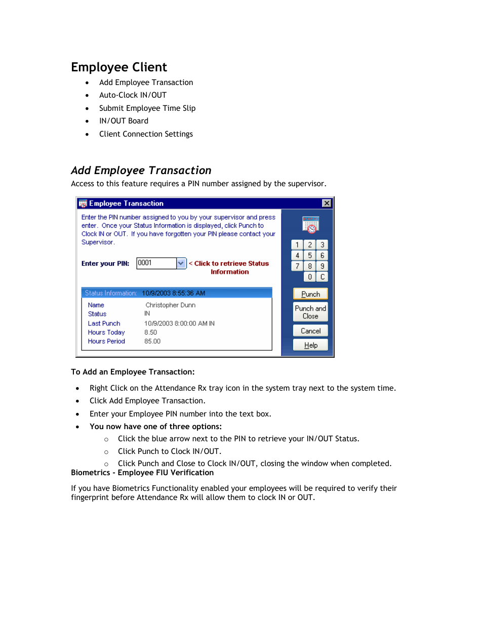 Employee client, Add employee transaction | Acroprint Attendance Rx User Manual | Page 44 / 60