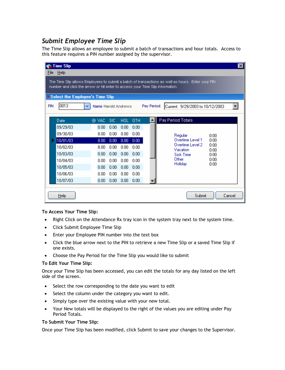 Submit employee time slip | Acroprint Attendance Rx User Manual | Page 46 / 60