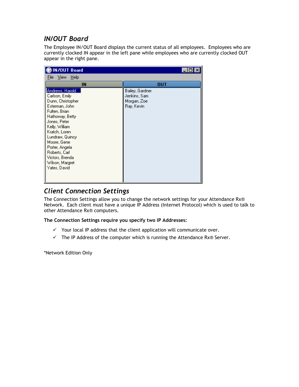 In/out board, Client connection settings | Acroprint Attendance Rx User Manual | Page 47 / 60