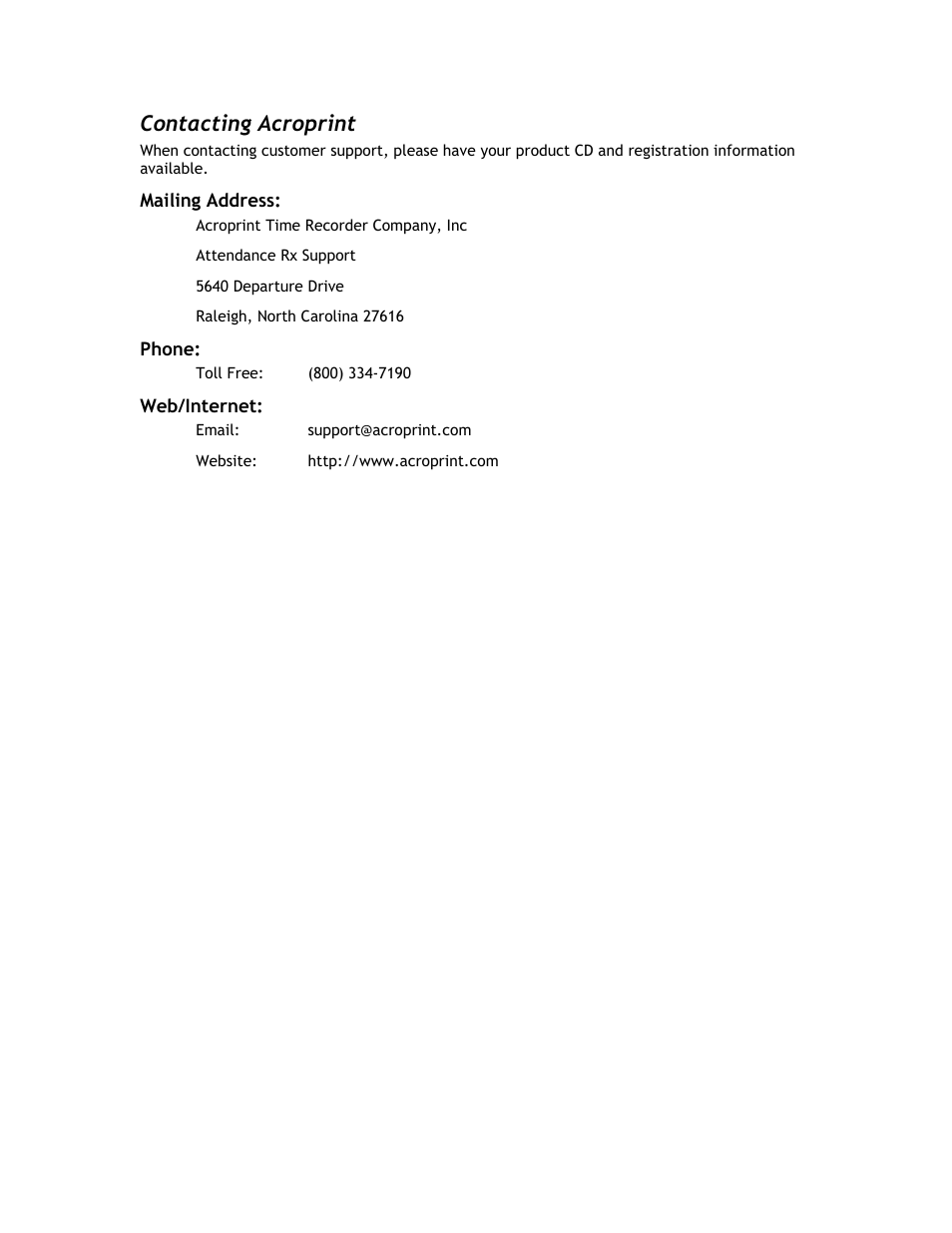 Contacting acroprint | Acroprint Attendance Rx User Manual | Page 5 / 60