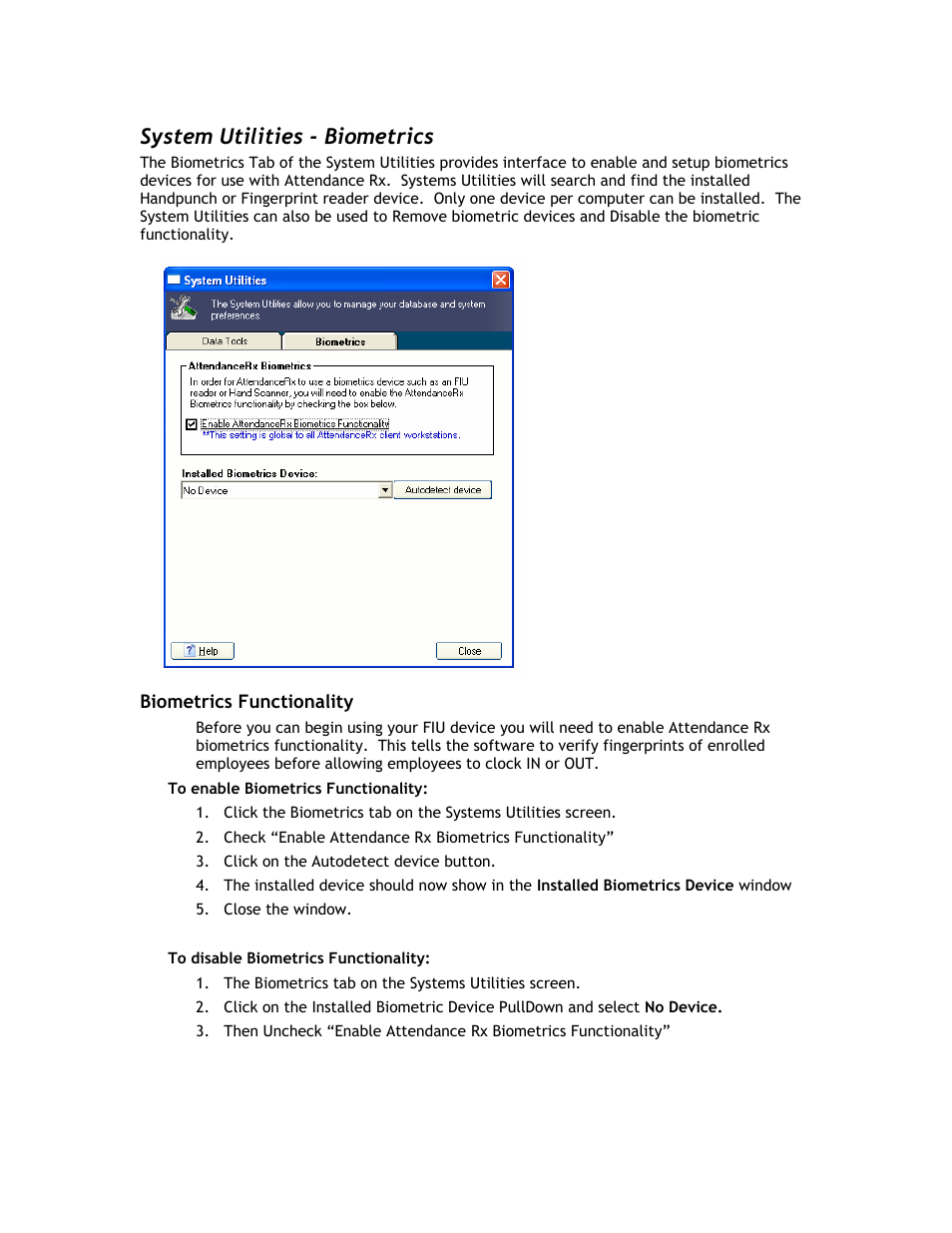 System utilities - biometrics | Acroprint Attendance Rx User Manual | Page 50 / 60