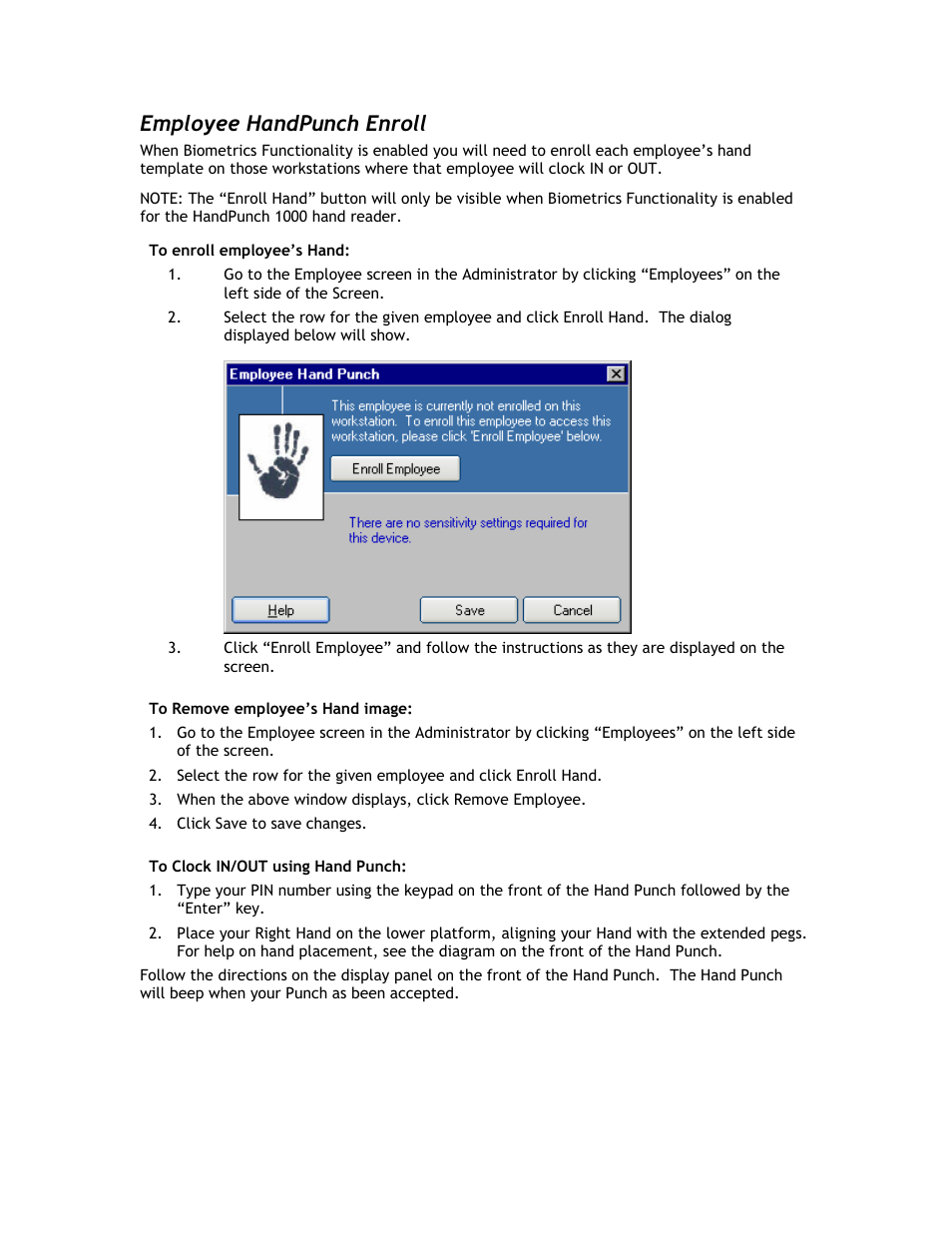 Employee handpunch enroll | Acroprint Attendance Rx User Manual | Page 54 / 60