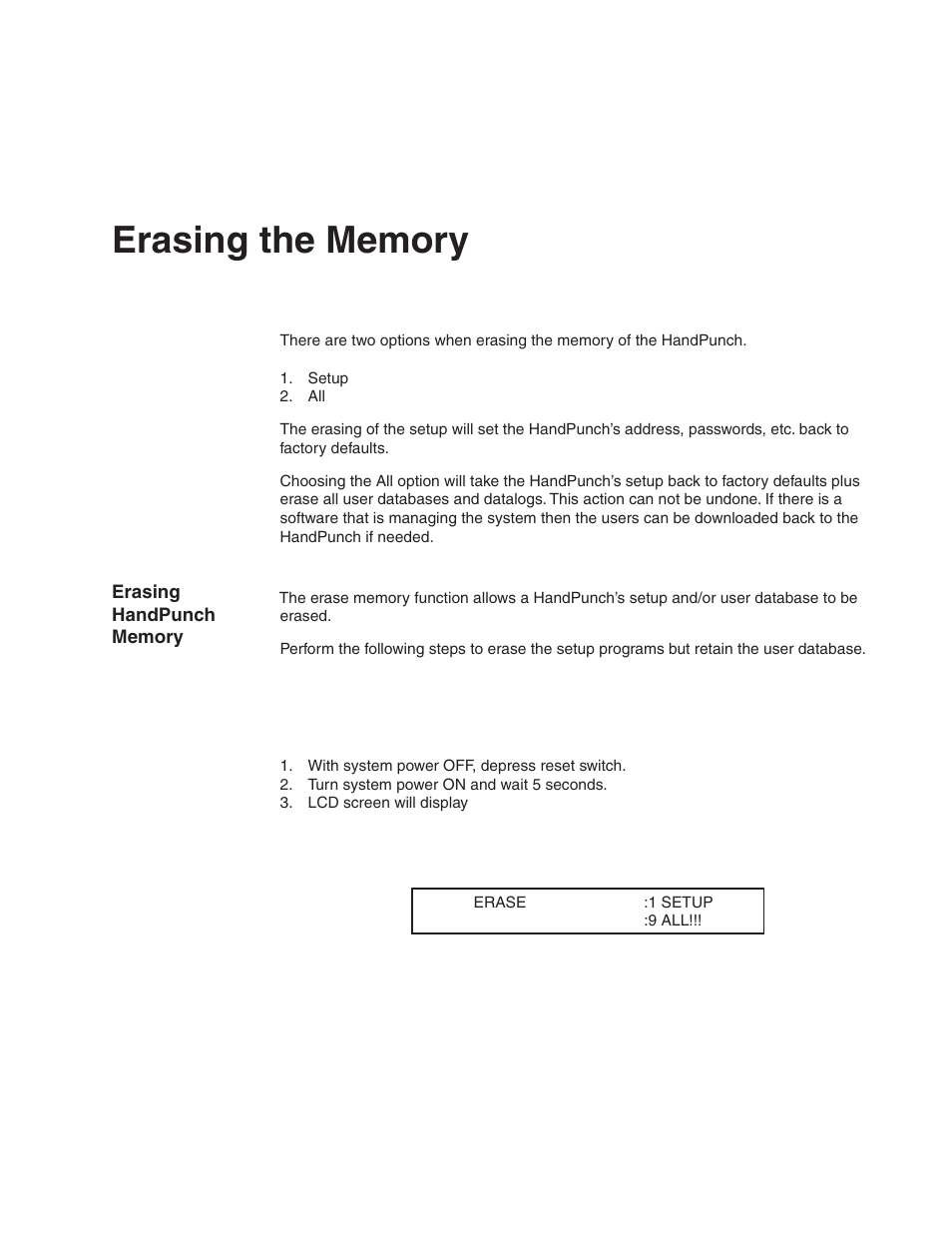 Erasing the memory, Erasing handpunch memory | Acroprint HandPunch 1000 User Manual | Page 21 / 60