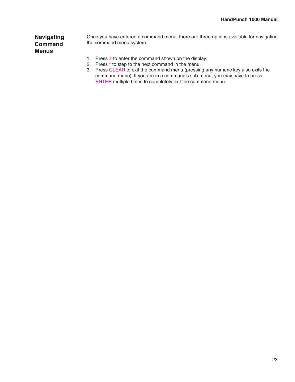 Navigating command menus | Acroprint HandPunch 1000 User Manual | Page 25 / 60