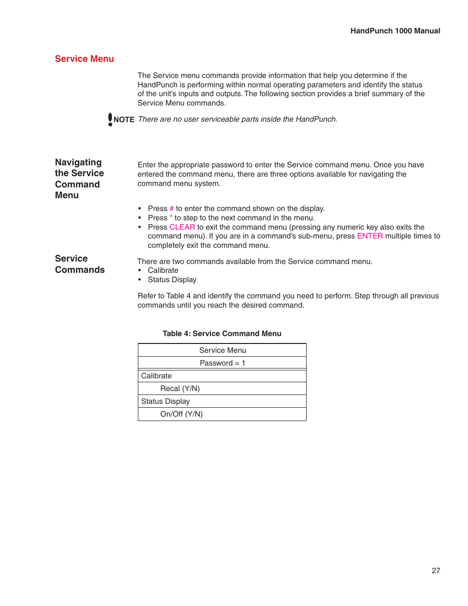 Service menu | Acroprint HandPunch 1000 User Manual | Page 29 / 60