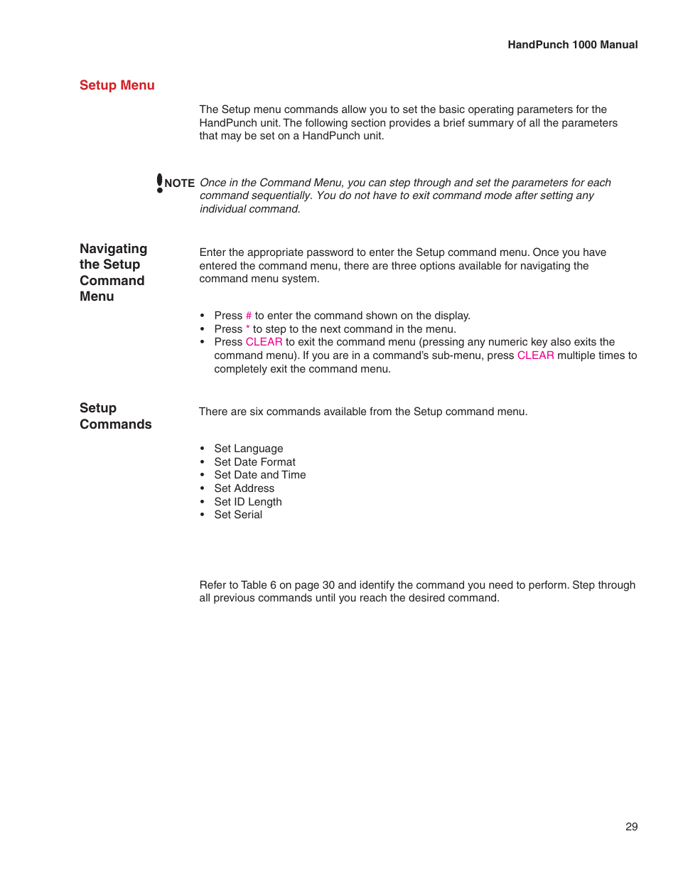 Setup menu | Acroprint HandPunch 1000 User Manual | Page 31 / 60