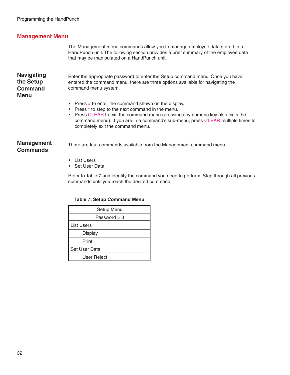 Management menu | Acroprint HandPunch 1000 User Manual | Page 34 / 60