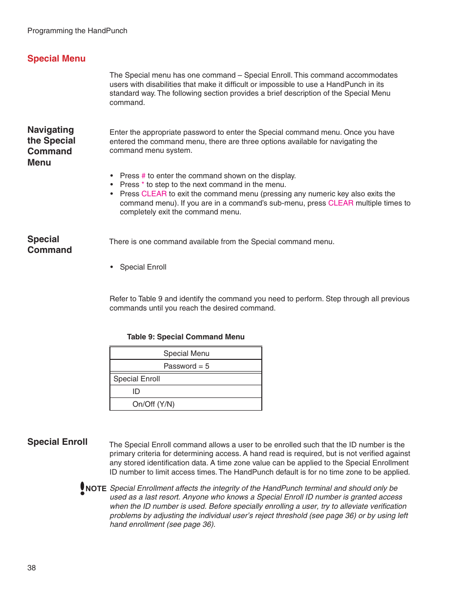 Special menu | Acroprint HandPunch 1000 User Manual | Page 40 / 60