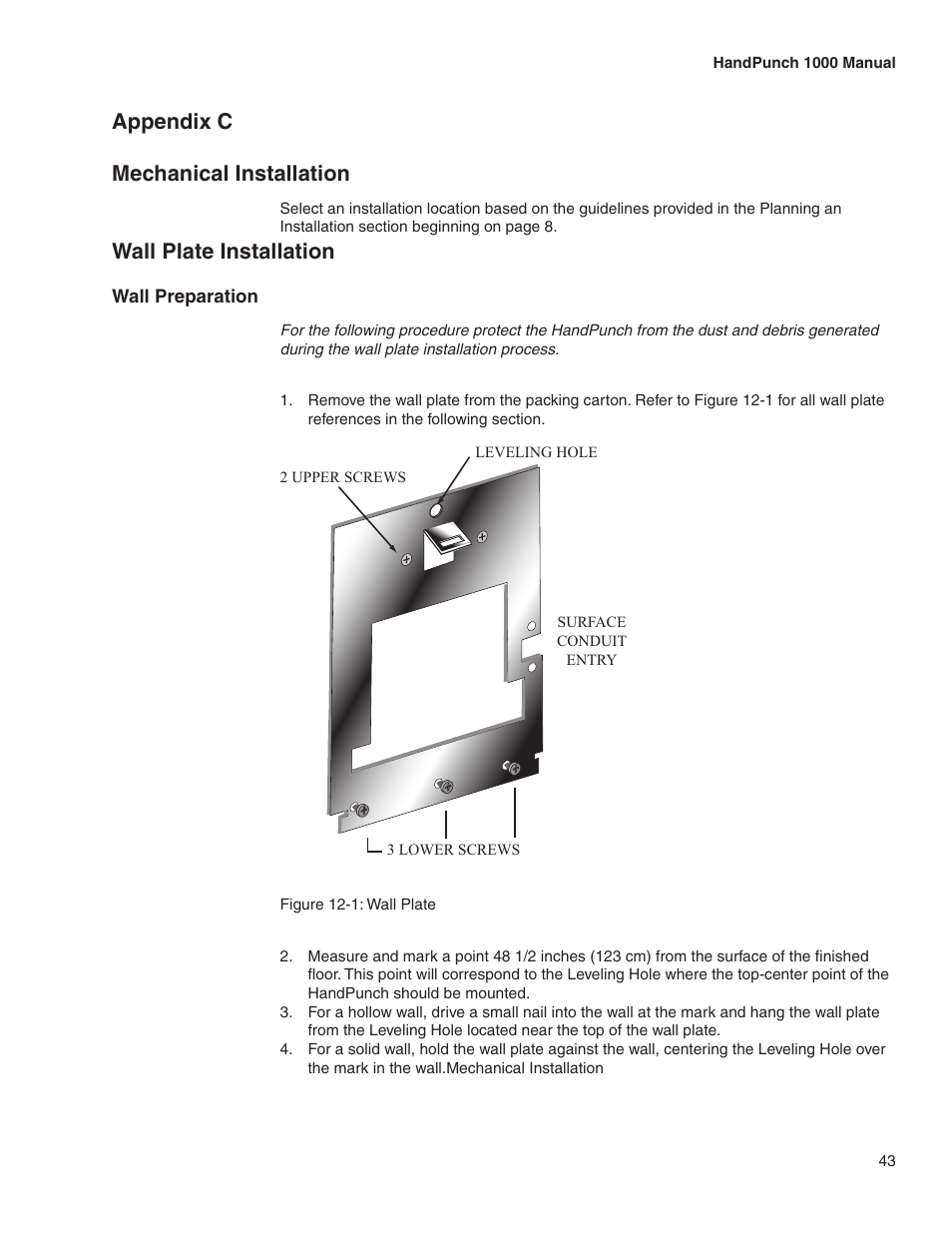 Appendix c mechanical installation, Wall plate installation | Acroprint HandPunch 1000 User Manual | Page 45 / 60