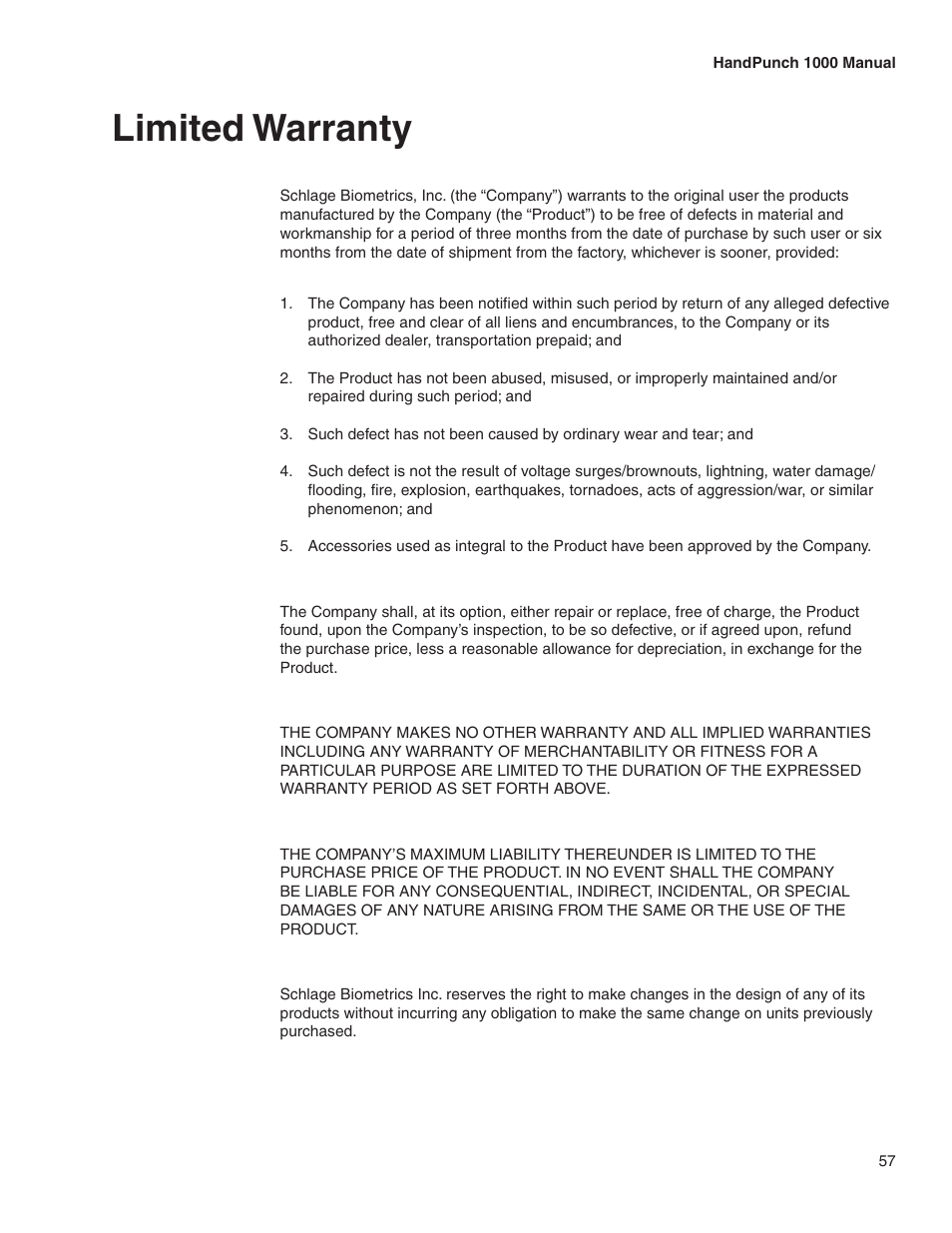 Limited warranty | Acroprint HandPunch 1000 User Manual | Page 59 / 60