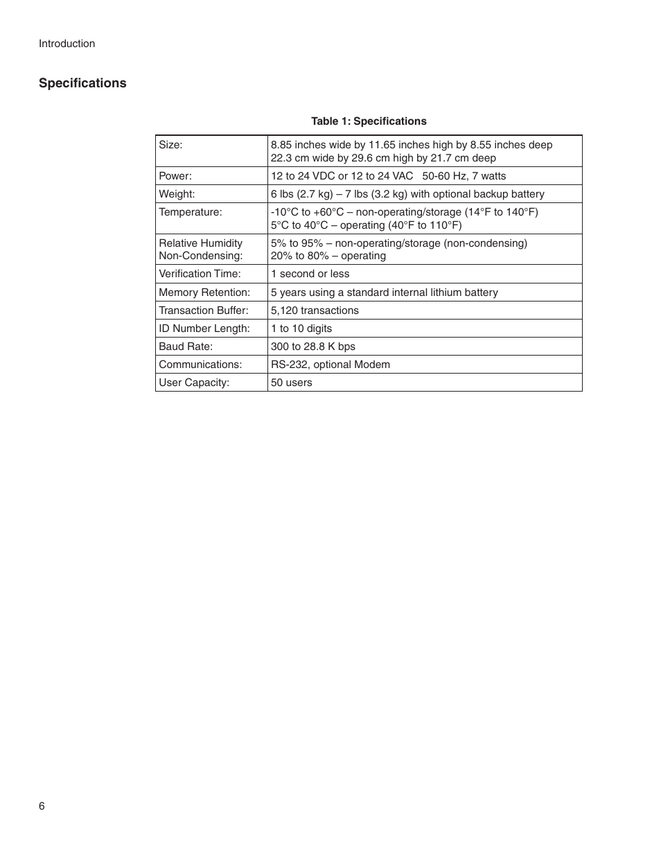 Specifications | Acroprint HandPunch 1000 User Manual | Page 8 / 60