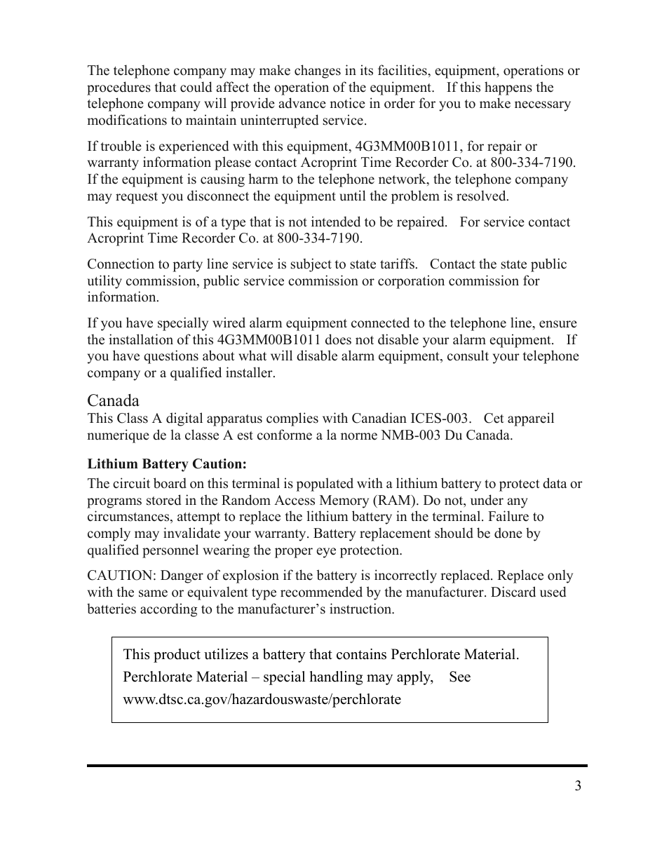 Canada | Acroprint DC7000 User Manual | Page 3 / 36