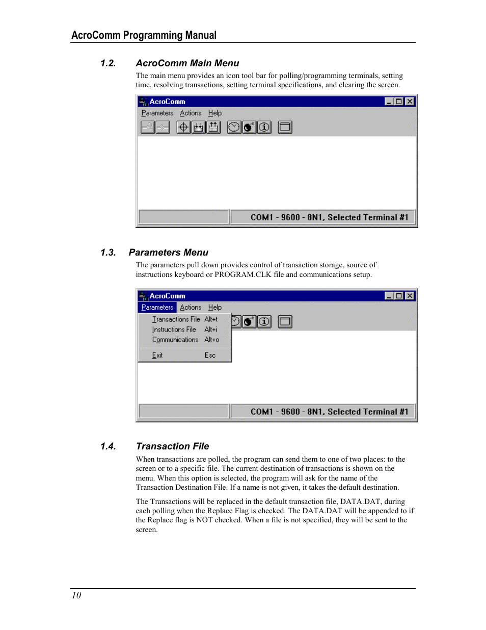 Acrocomm main menu, Parameters menu, Transaction file | Arameters, Ransaction, Acrocomm programming manual | Acroprint AcroComm User Manual | Page 10 / 64