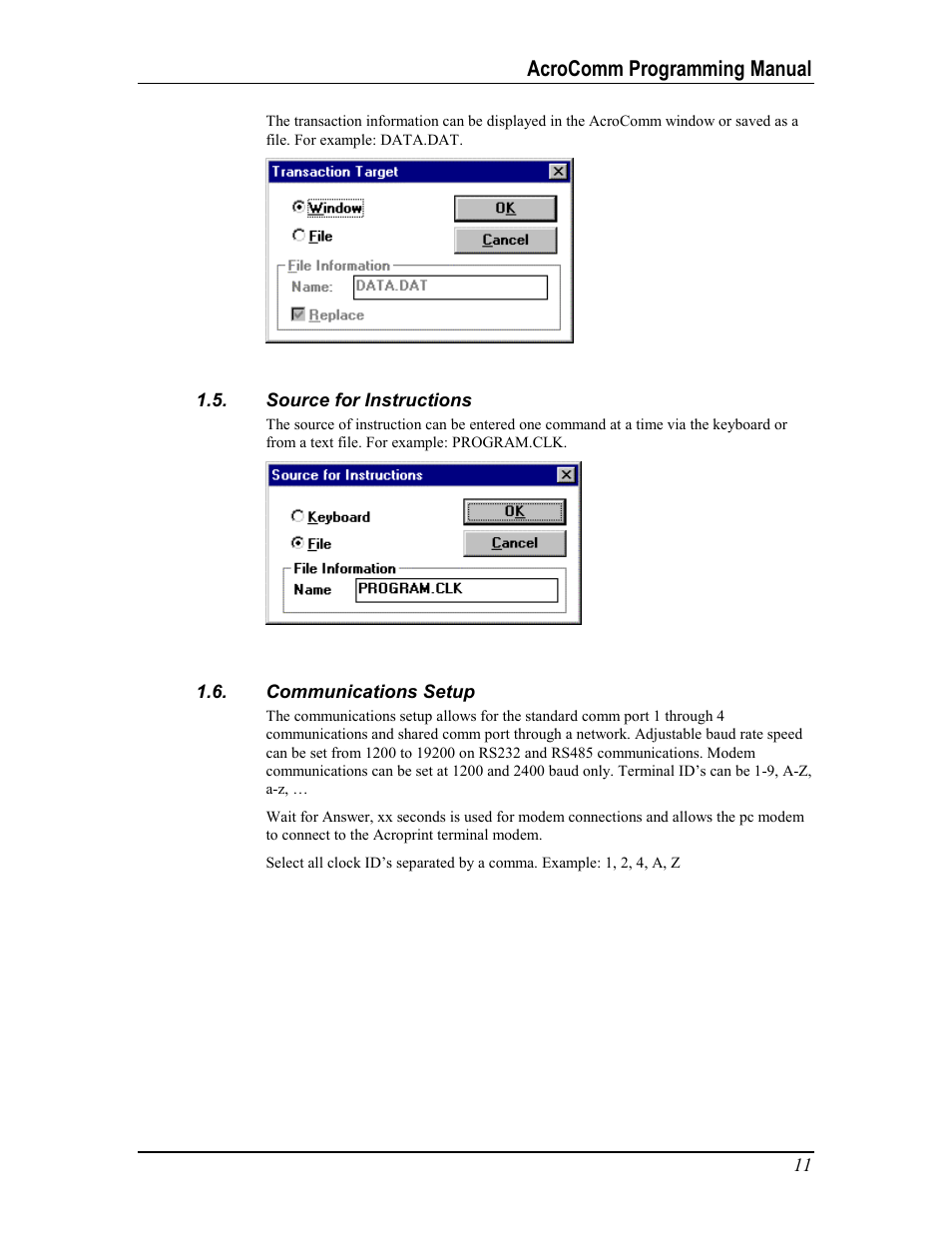 Source for instructions, Communications setup, Ource for | Nstructions, Ommunications, Etup, Acrocomm programming manual | Acroprint AcroComm User Manual | Page 11 / 64