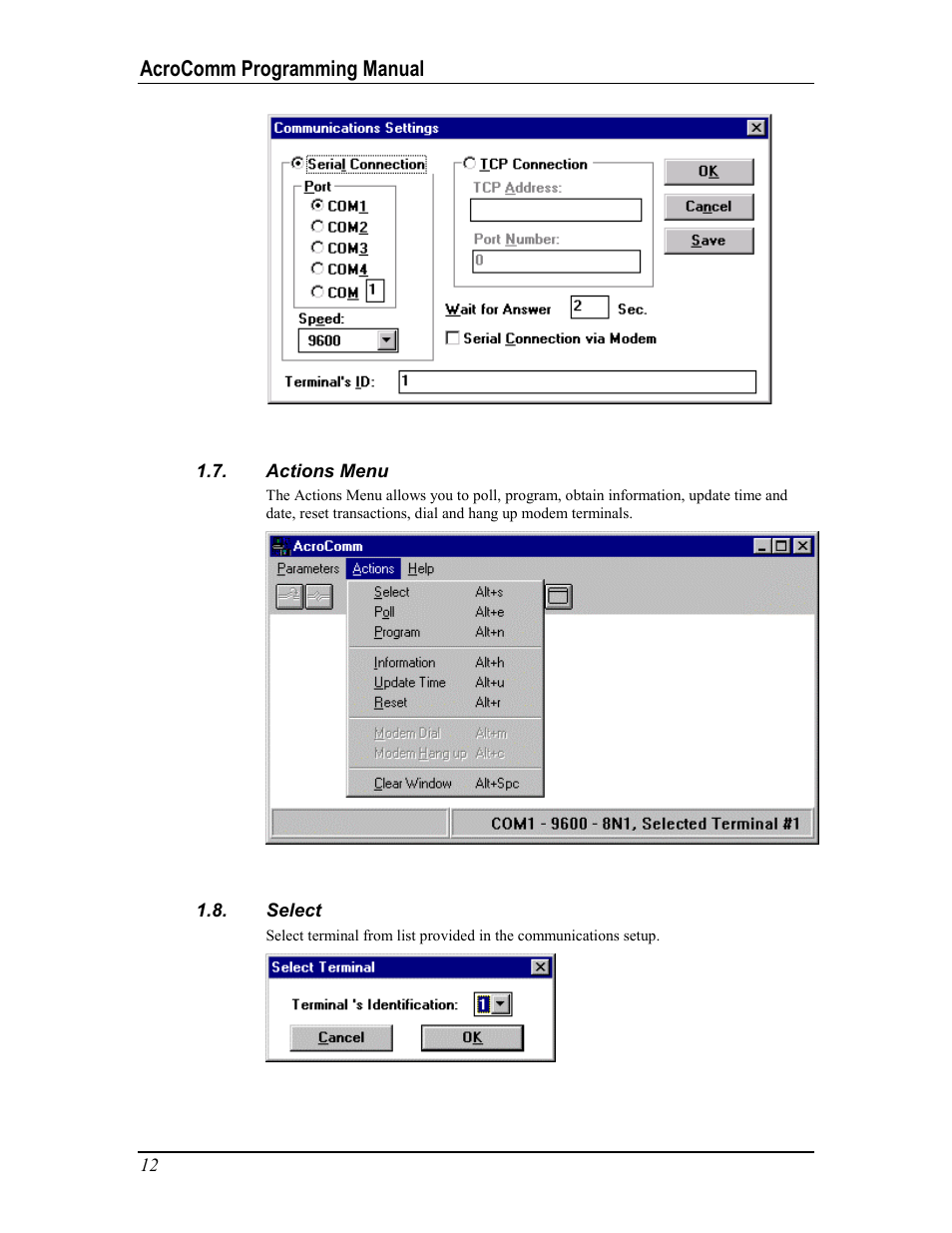 Actions menu, Select, Ctions | Elect, Acrocomm programming manual | Acroprint AcroComm User Manual | Page 12 / 64