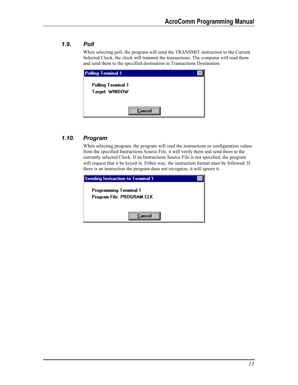 Poll, Program, Rogram | Acrocomm programming manual | Acroprint AcroComm User Manual | Page 13 / 64