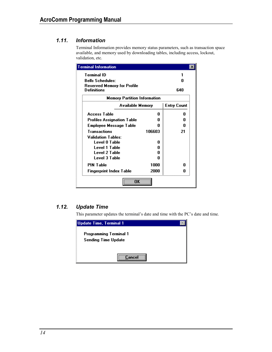 Information, Update time, Nformation | Pdate, Acrocomm programming manual | Acroprint AcroComm User Manual | Page 14 / 64