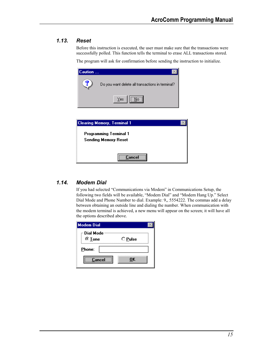 Reset, Modem dial, Eset | Odem, Acrocomm programming manual | Acroprint AcroComm User Manual | Page 15 / 64