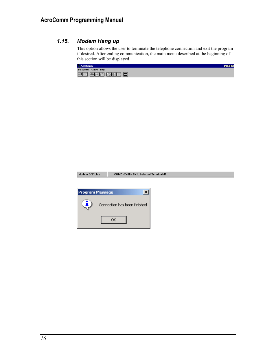 Modem hang up, Odem, Ang up | Acrocomm programming manual | Acroprint AcroComm User Manual | Page 16 / 64