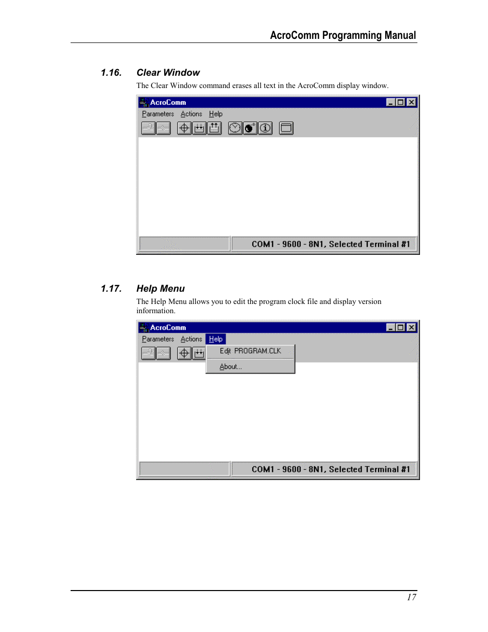 Clear window, Help menu, Lear | Indow, Acrocomm programming manual | Acroprint AcroComm User Manual | Page 17 / 64