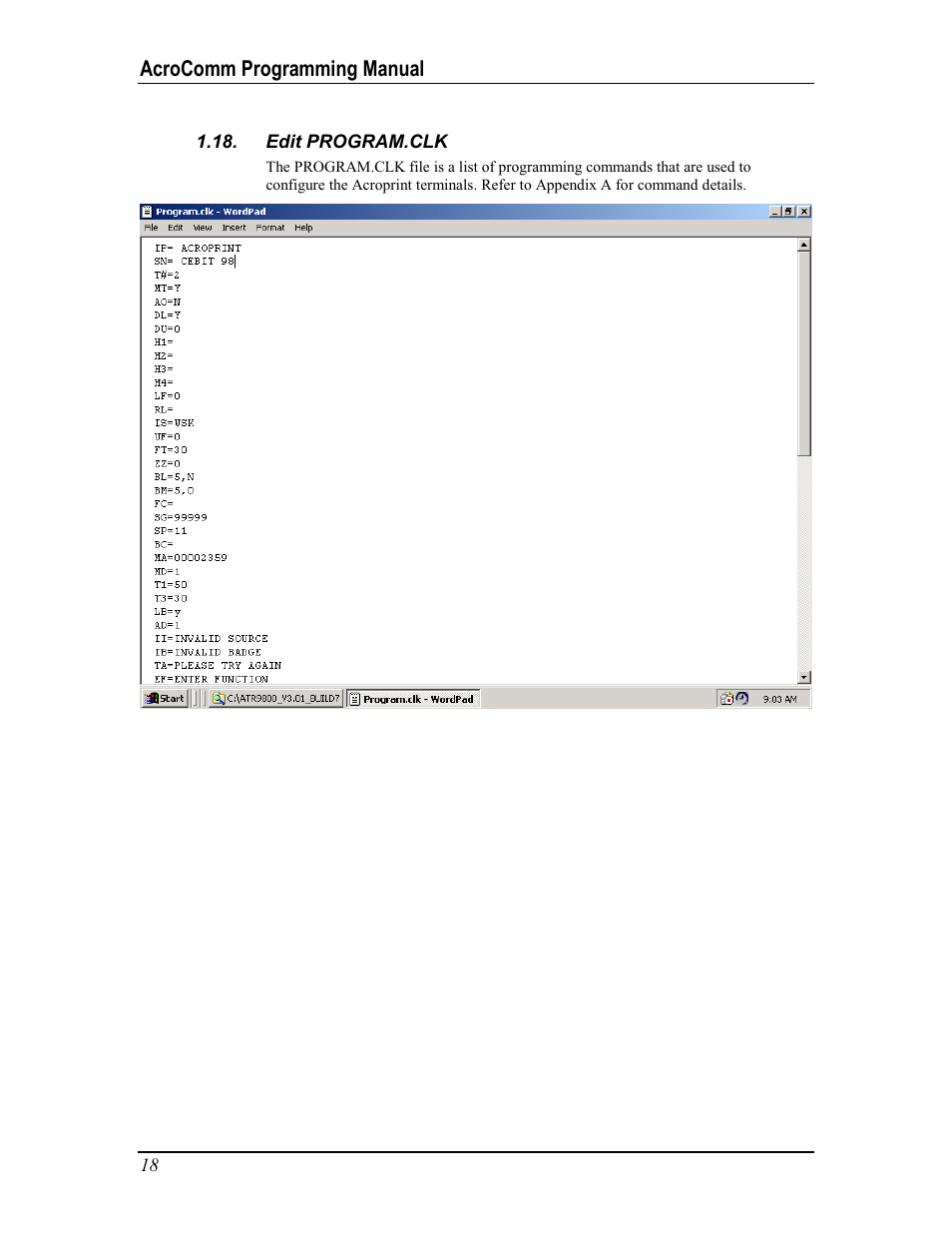 Edit program.clk, Program.clk, Acrocomm programming manual | Acroprint AcroComm User Manual | Page 18 / 64