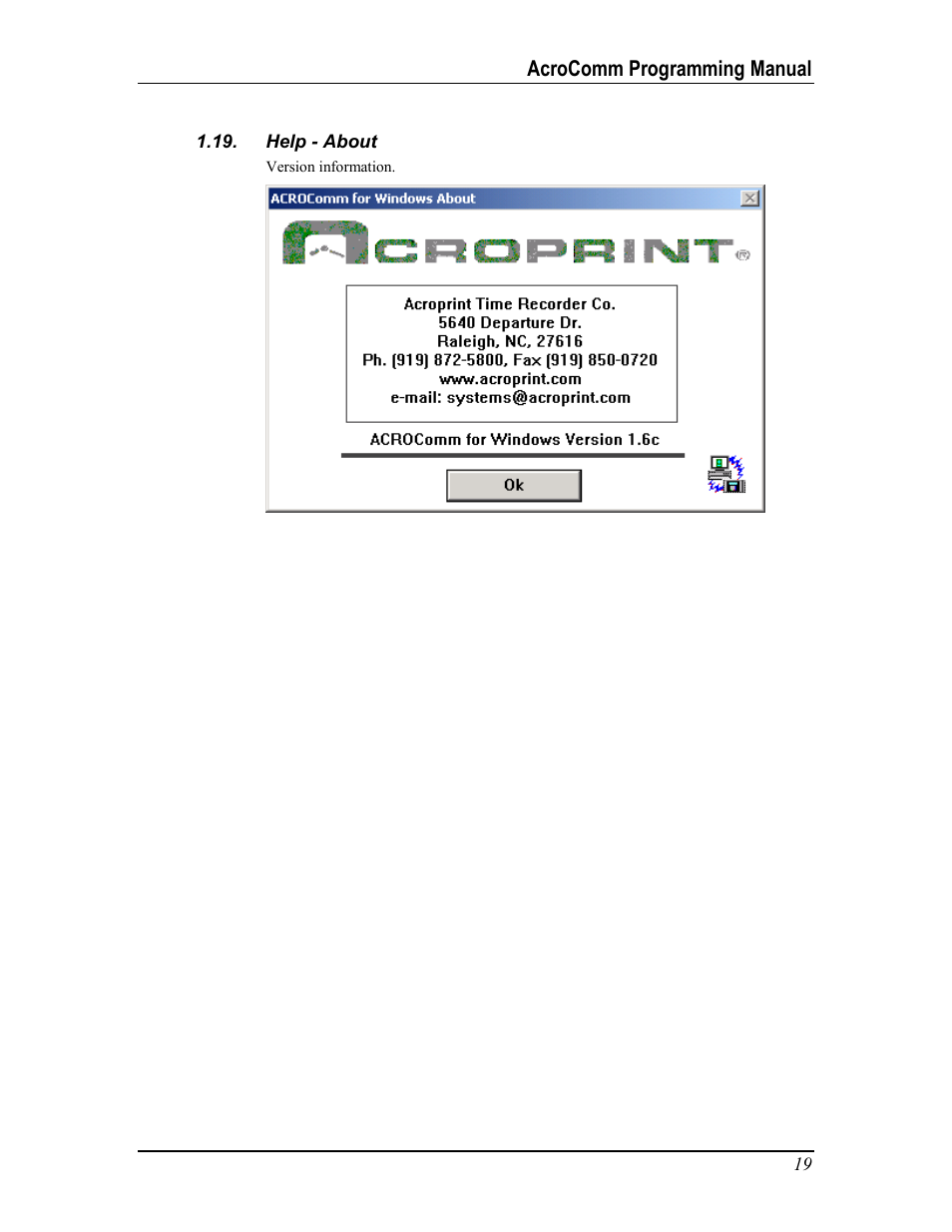 Help - about, Bout, Acrocomm programming manual | Acroprint AcroComm User Manual | Page 19 / 64