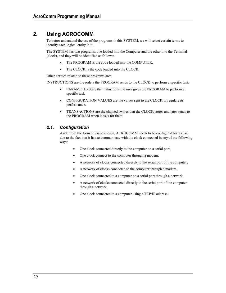 Using acrocomm, Configuration, Onfiguration | Acrocomm programming manual 2. using acrocomm | Acroprint AcroComm User Manual | Page 20 / 64