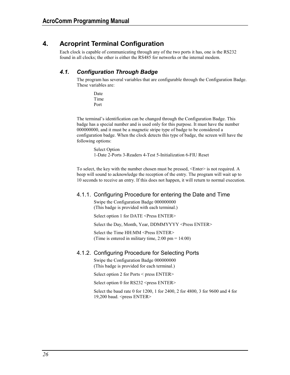 Acroprint terminal configuration, Configuration through badge, Configuring procedure for selecting ports | Onfiguration, Hrough, Adge | Acroprint AcroComm User Manual | Page 26 / 64