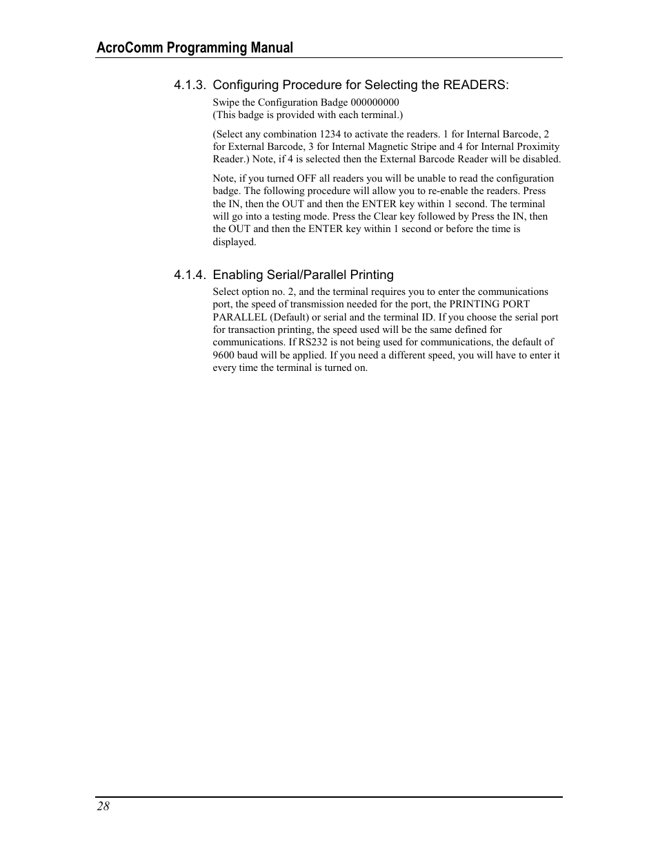 Configuring procedure for selecting the readers, Enabling serial/parallel printing, Acrocomm programming manual | Acroprint AcroComm User Manual | Page 28 / 64