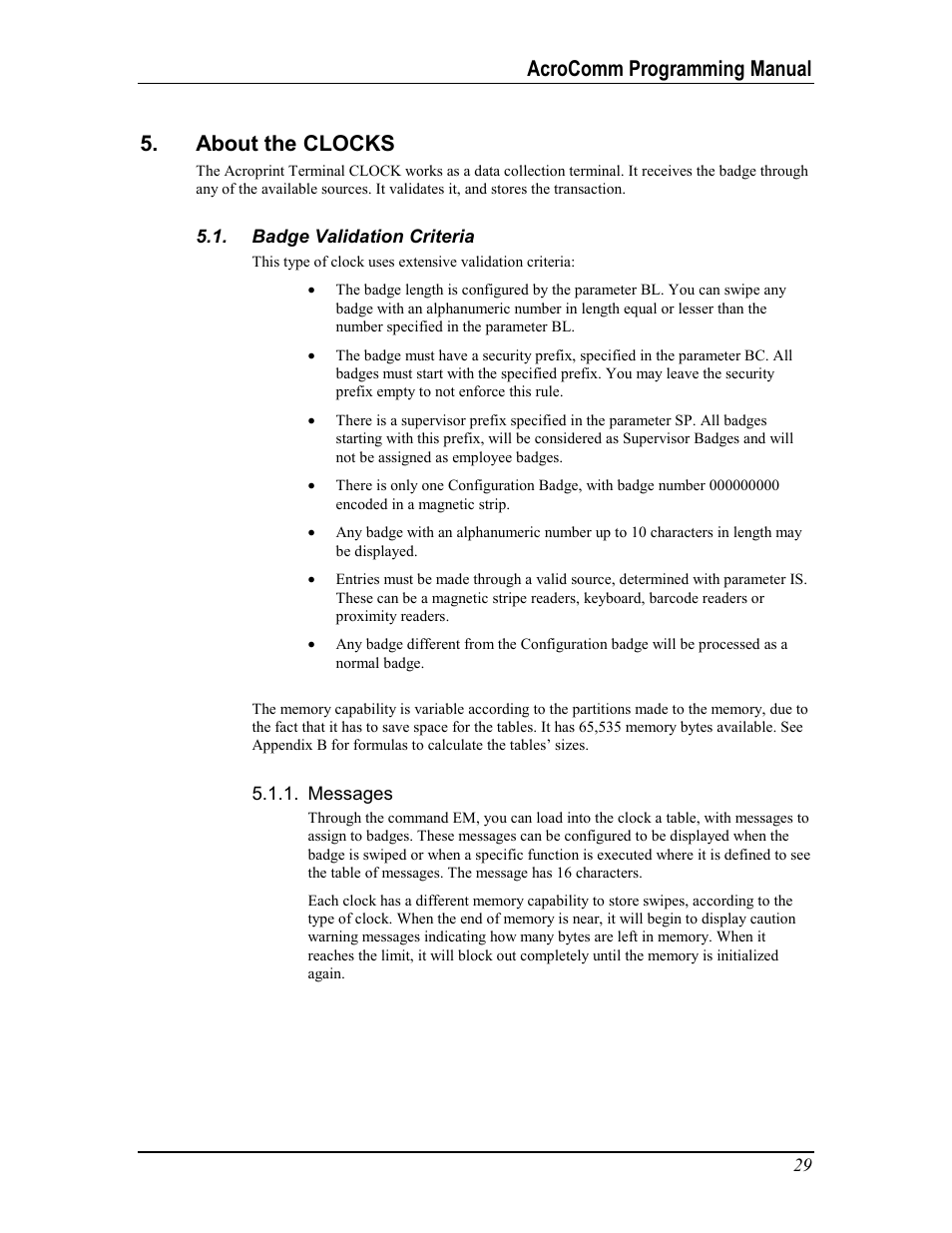 About the clocks, Badge validation criteria, Messages | Adge, Alidation, Riteria, Acrocomm programming manual 5. about the clocks | Acroprint AcroComm User Manual | Page 29 / 64