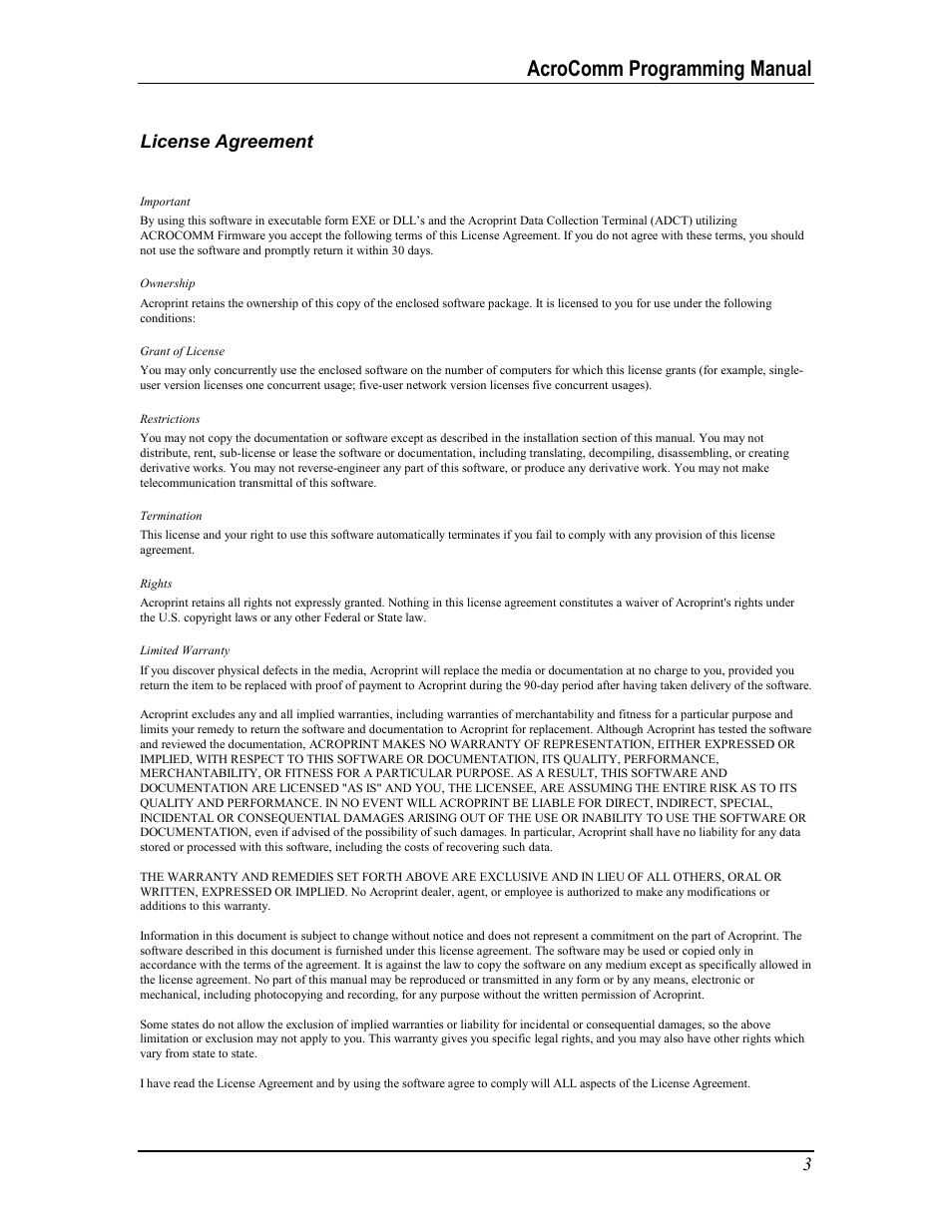 License agreement, Important, Ownership | Grant of license, Restrictions, Termination, Rights, Limited warranty, Acrocomm programming manual | Acroprint AcroComm User Manual | Page 3 / 64